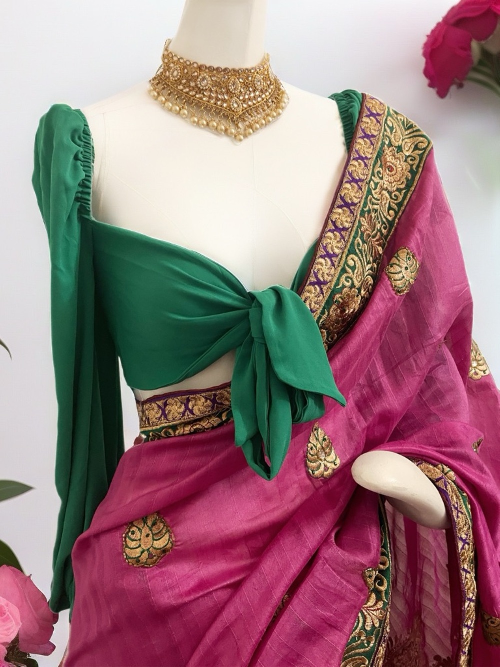 Elegant Magenta Embroidered Saree with Gold Border